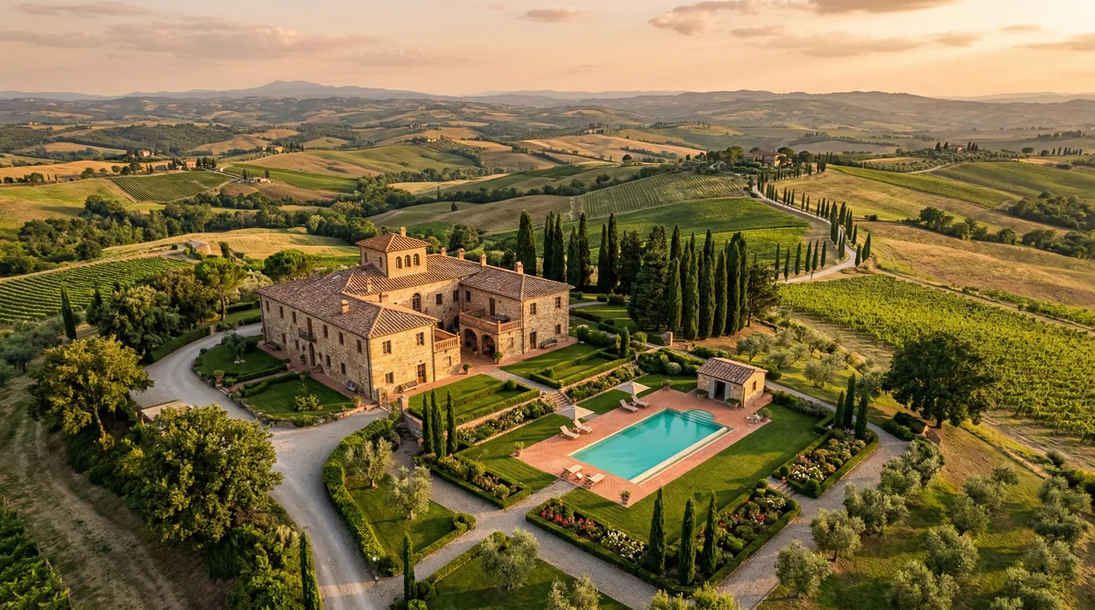 Vista aerea drone di villa italiana con giardino e piscina nelle colline emiliane