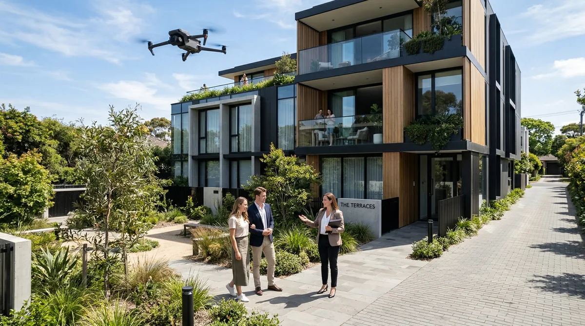 Agente immobiliare mostra proprietà mentre drone riprende dall'alto