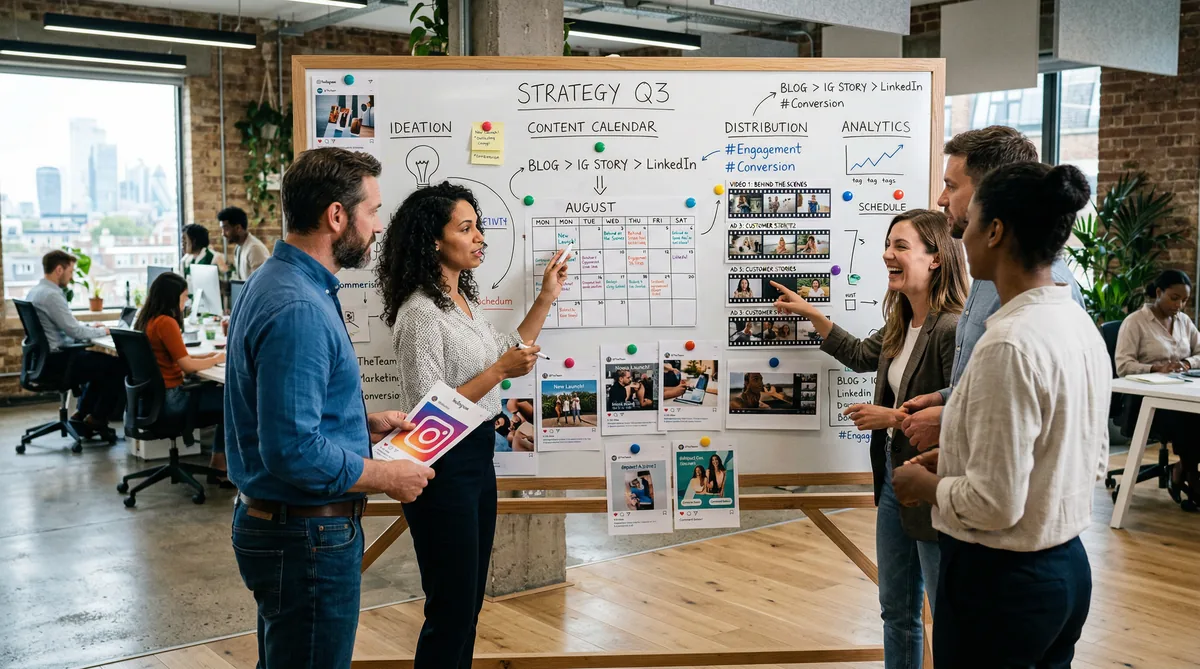 Team aziendale che pianifica strategia di contenuti con whiteboard