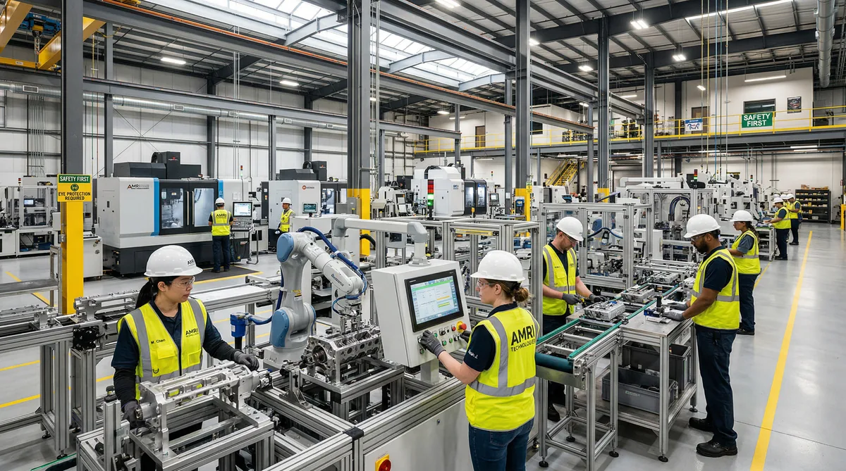 Interno stabilimento produttivo moderno con operai e macchinari