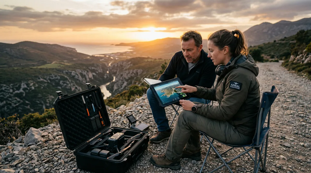 Cliente e pilota drone revisione riprese su tablet in location esterna