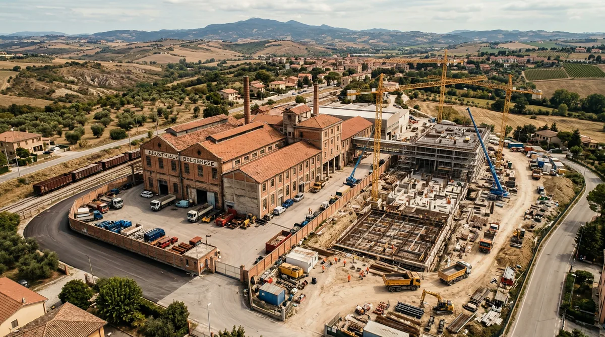 Vista aerea con drone di stabilimento industriale e cantiere edile
