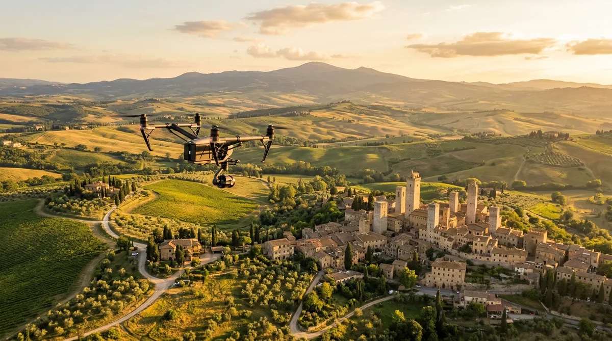 Drone professionale in volo durante riprese aeree nella campagna italiana al tramonto