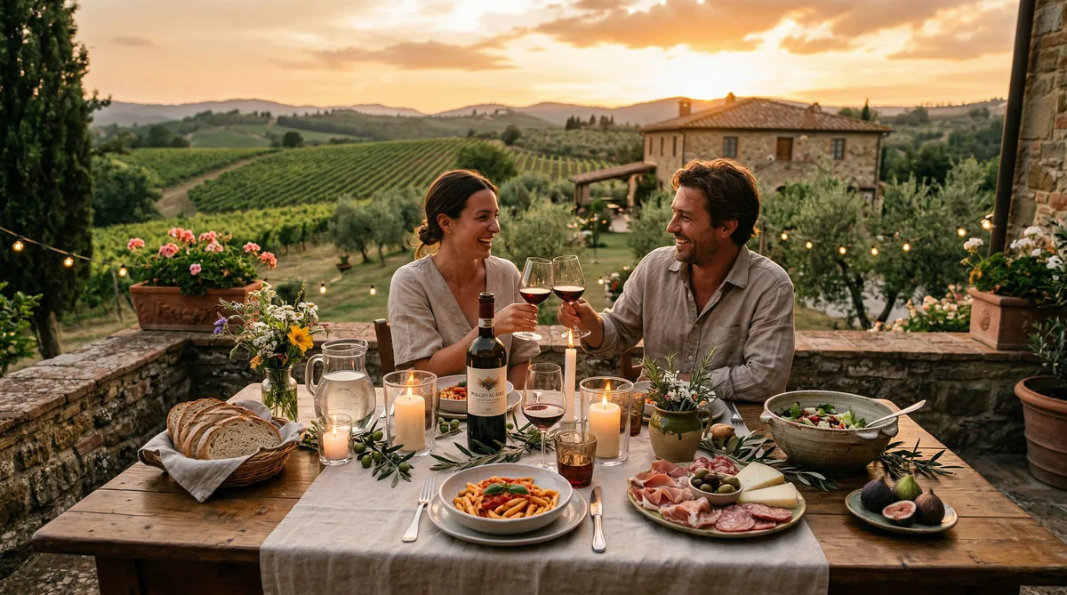 Cena all'aperto in agriturismo con candele e vigneto al tramonto