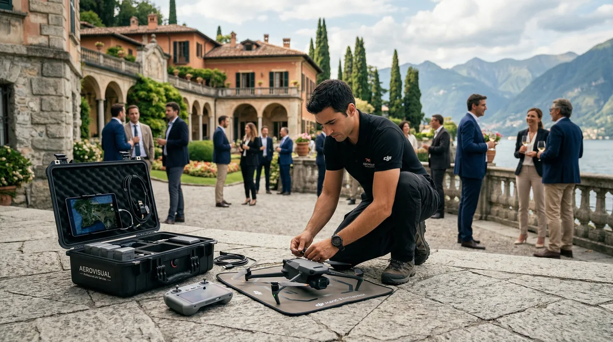 Operatore drone professionale durante riprese aziendali