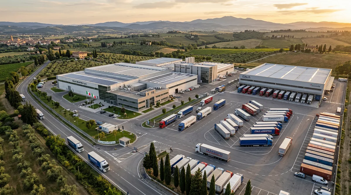 Vista aerea con drone di stabilimento aziendale moderno in Italia