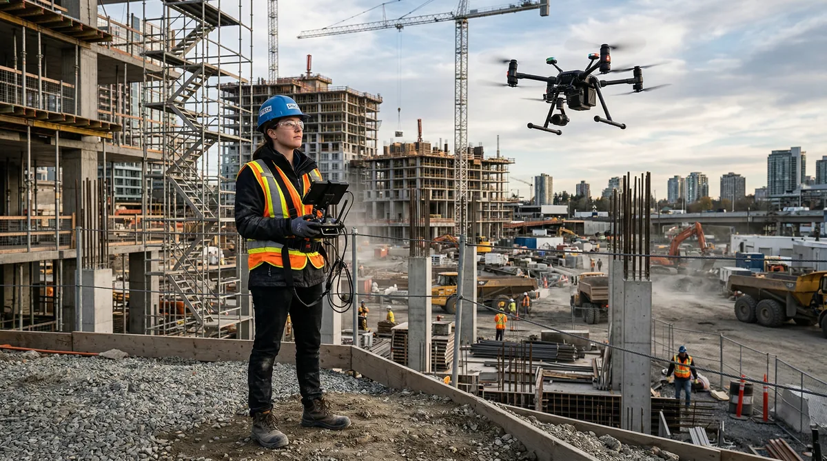 Operatore drone professionista con radiocomando su cantiere edile