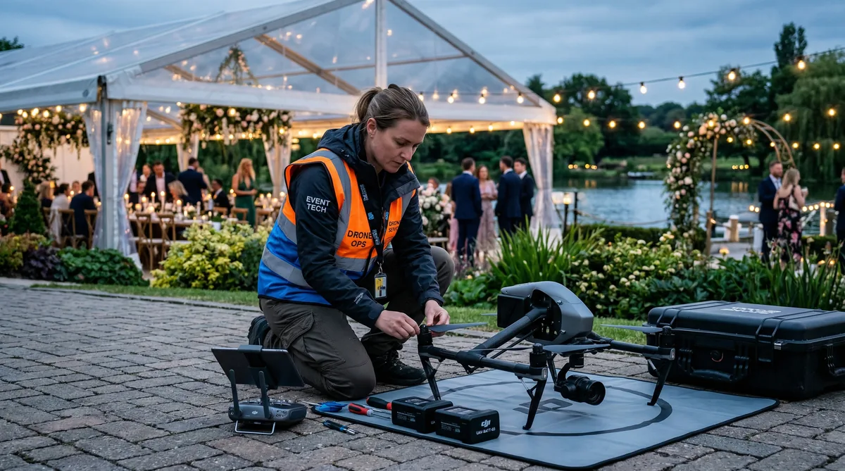 Pilota drone professionista prepara il volo per riprese evento corporate