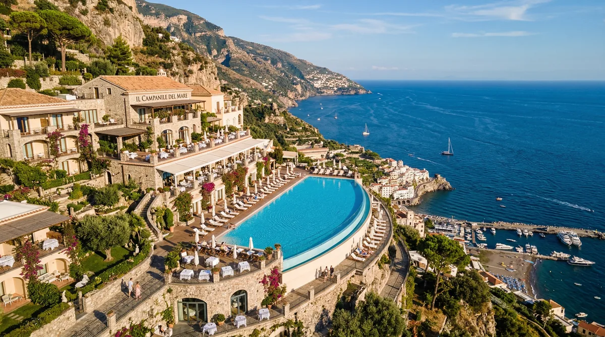 Vista aerea drone di hotel costiero di lusso con piscina infinity e mare Mediterraneo