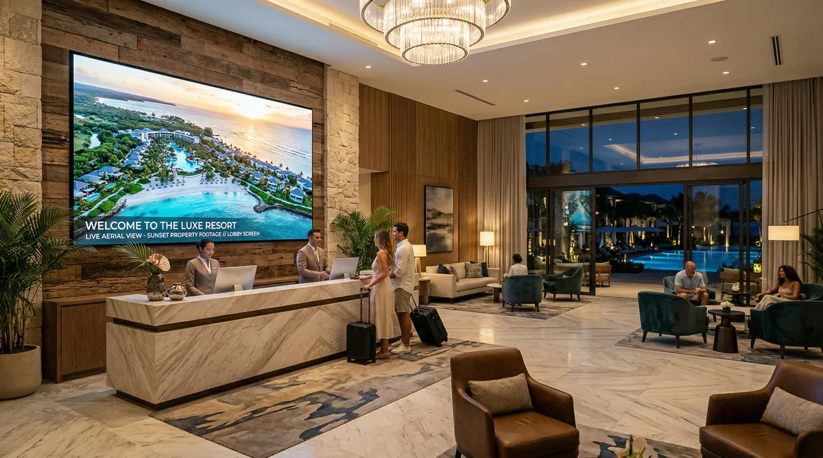 Reception hotel di lusso con schermo che mostra video aereo della struttura