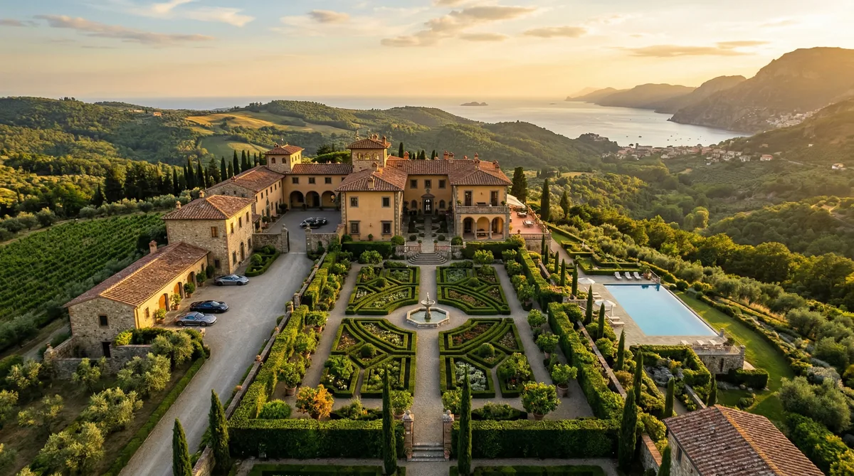 Veduta aerea con drone di villa italiana con giardino