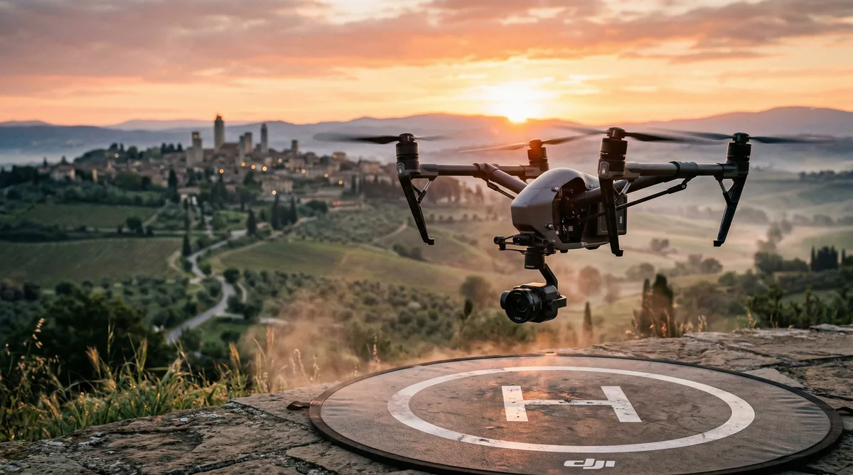 Drone professionale DJI in decollo all'alba