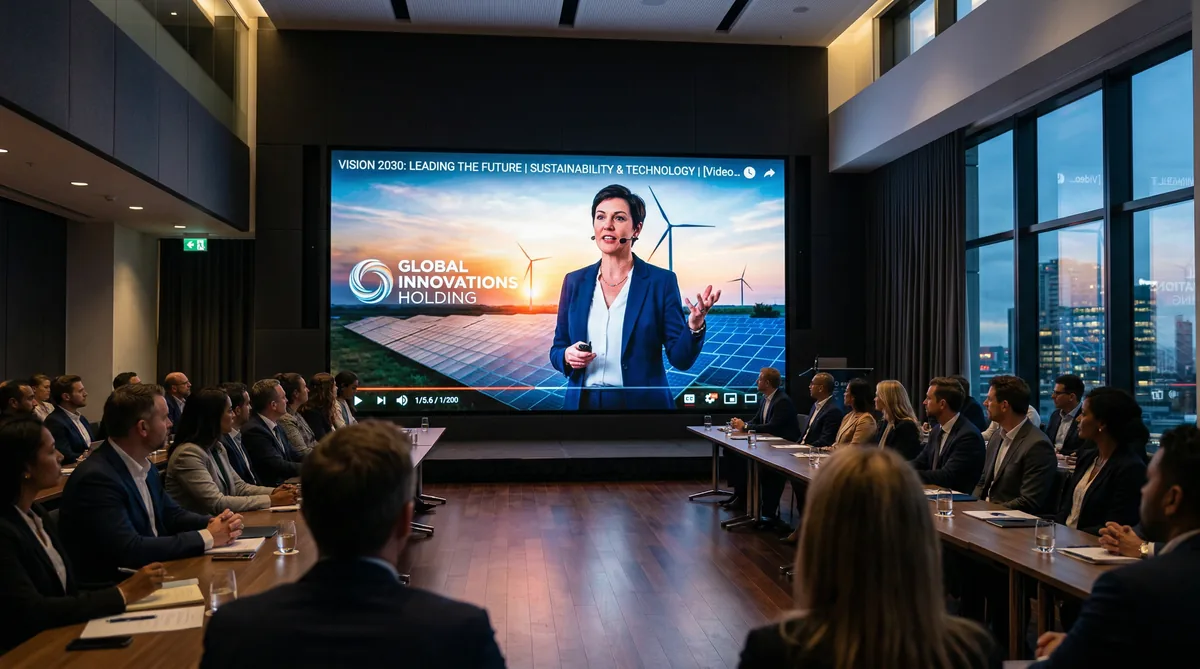 Presentazione video aziendale su grande schermo in sala riunioni moderna