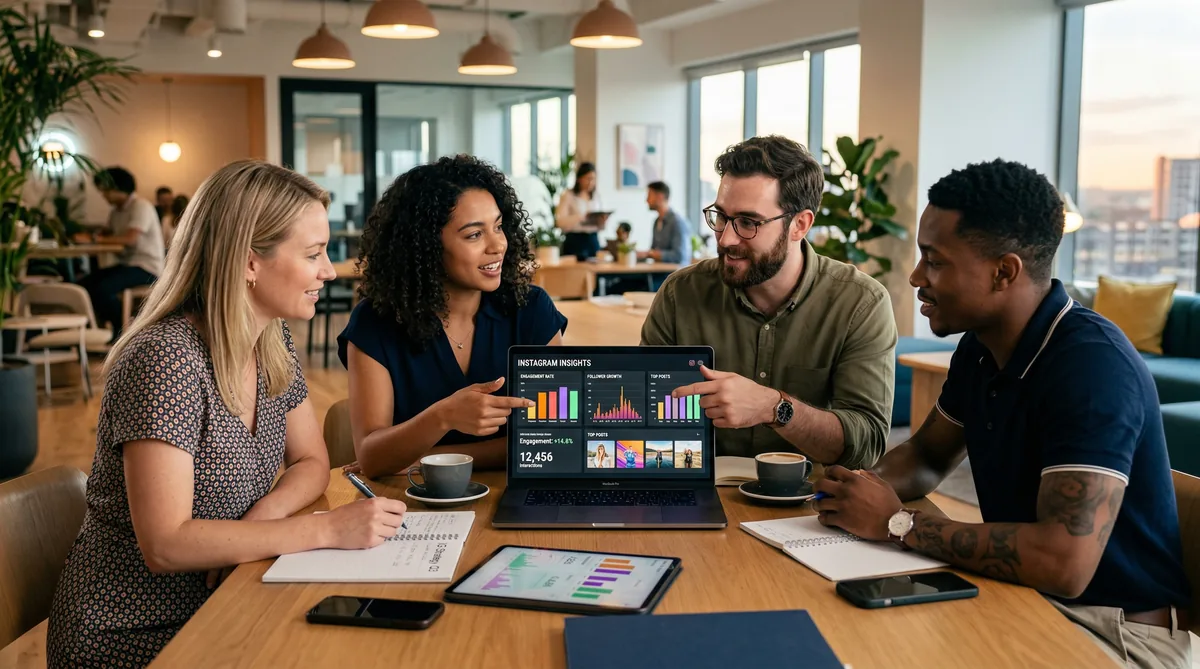 Team marketing analizza performance reels Instagram su laptop con grafici