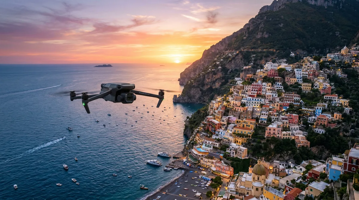 Riprese aeree con drone professionale su costa italiana al tramonto