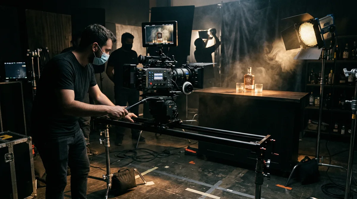 Camera professionale su slider durante le riprese di uno spot pubblicitario in studio