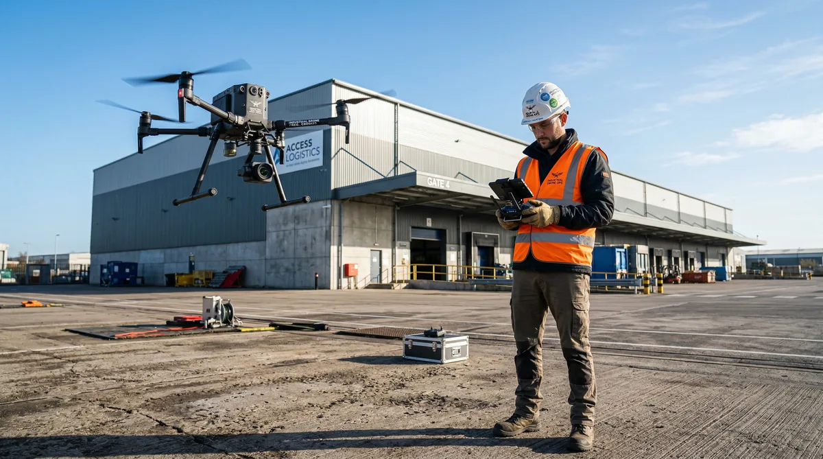 Pilota drone con attrezzatura di sicurezza opera quadricottero presso stabilimento industriale