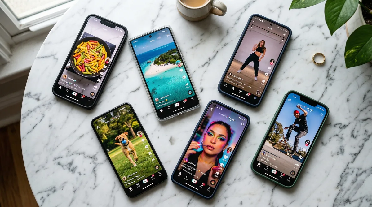 Smartphone con video brevi social media su diverse piattaforme