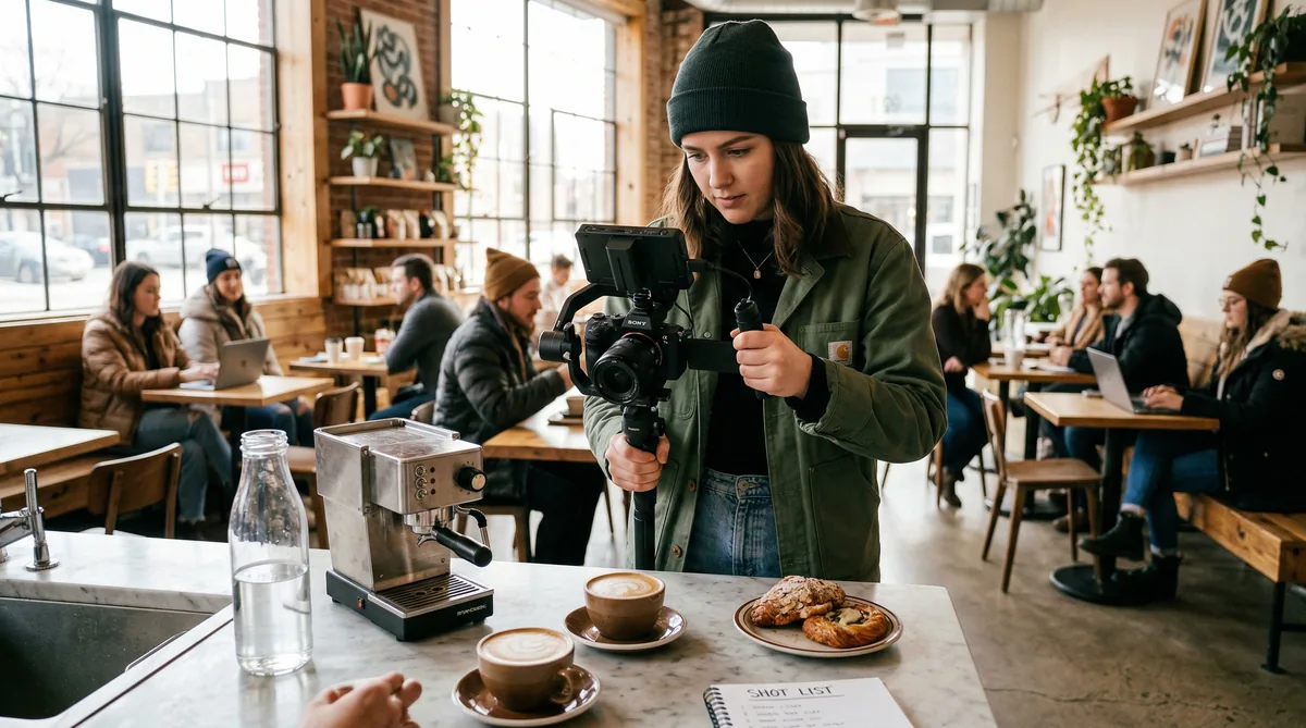 Videomaker filma contenuti brevi con gimbal in caffetteria