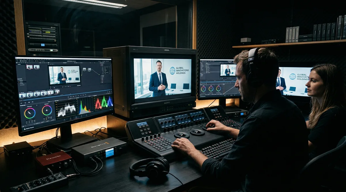 Suite di post-produzione con monitor per color grading di video corporate