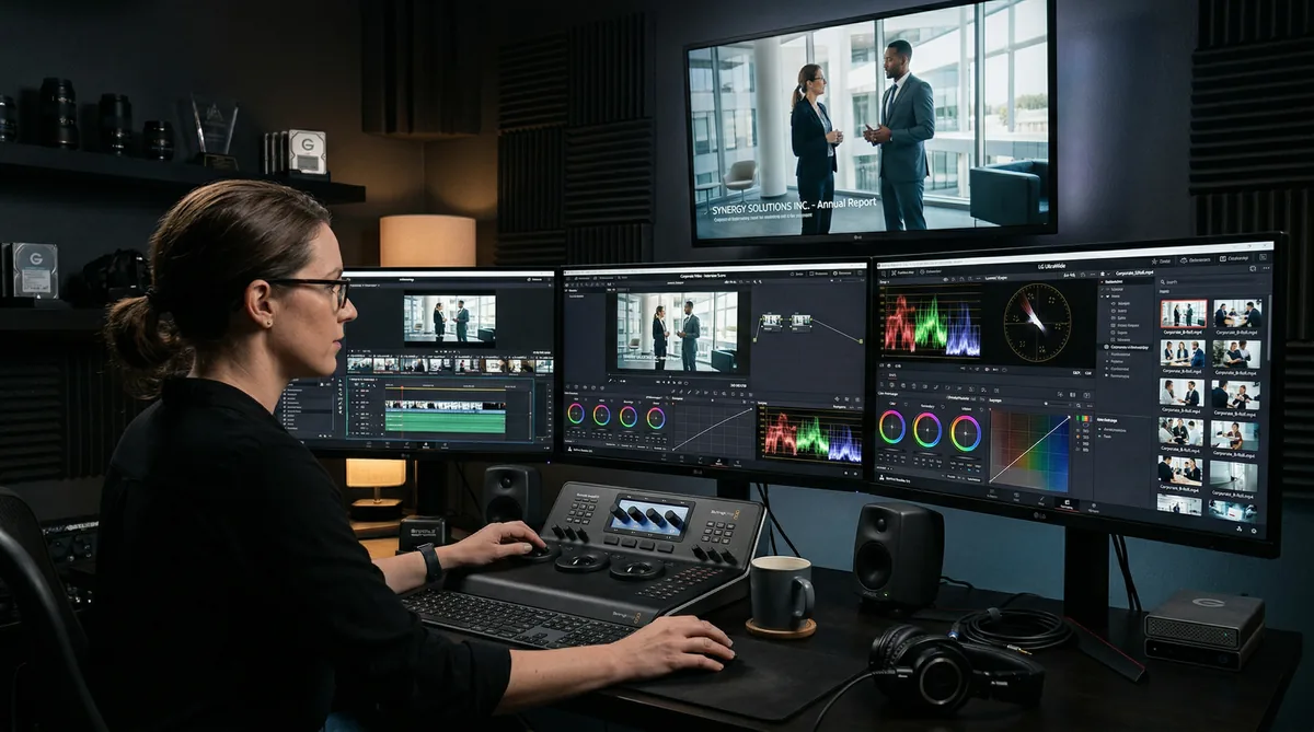 Suite di post-produzione video con monitor e color grading