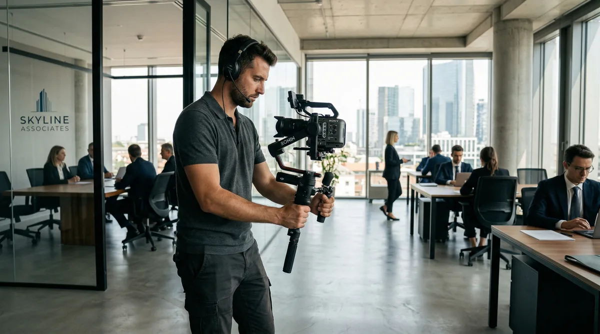 Videomaker professionista durante riprese in ufficio aziendale